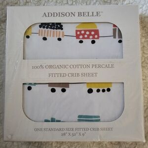 ADDISON BELLE 100% Organic Cotton Percale Fitted Crib Sheet Trains Pattern NEW